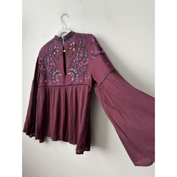 Parker Womens Boho Blouse Embroidered Flare Sleeves Purple High Neck Size M - Picture 4 of 12